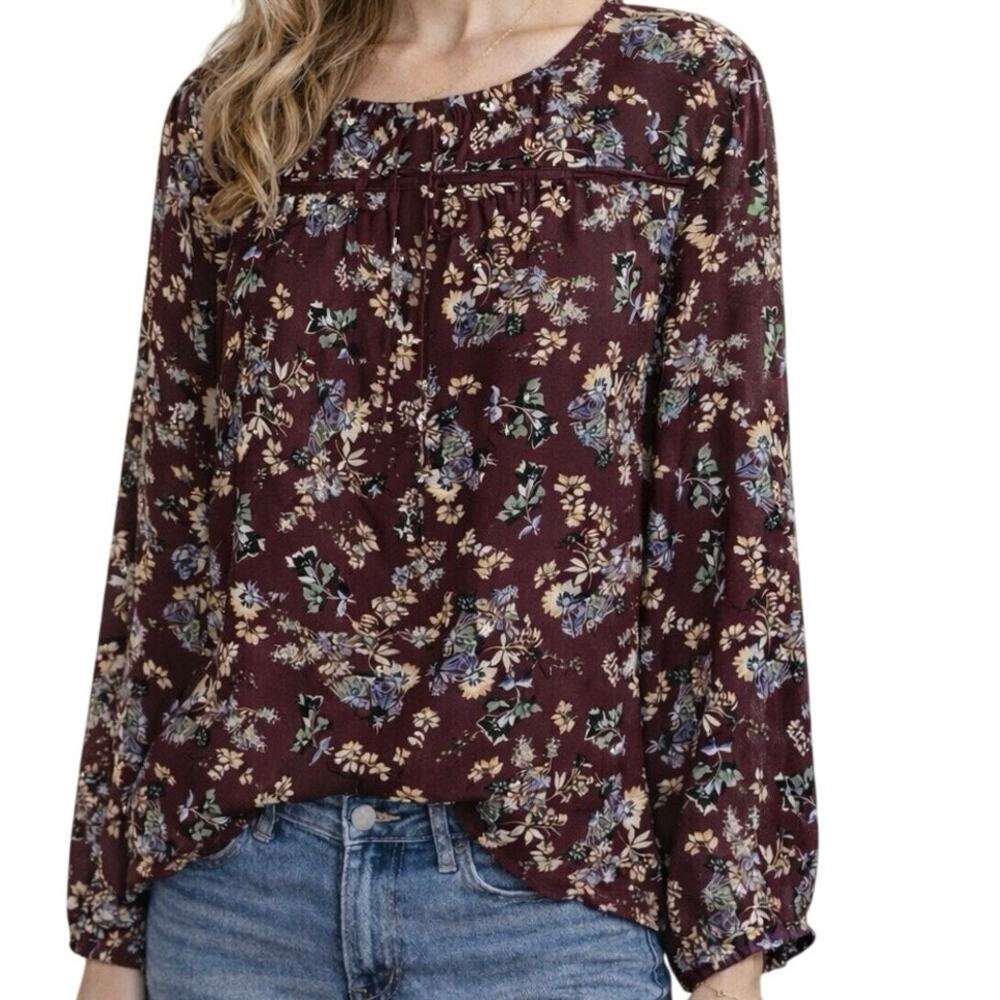 LOFT Floral Blouse XL Burgundy‎ Long Sleeve Boho Peasant Top Lightweight Women